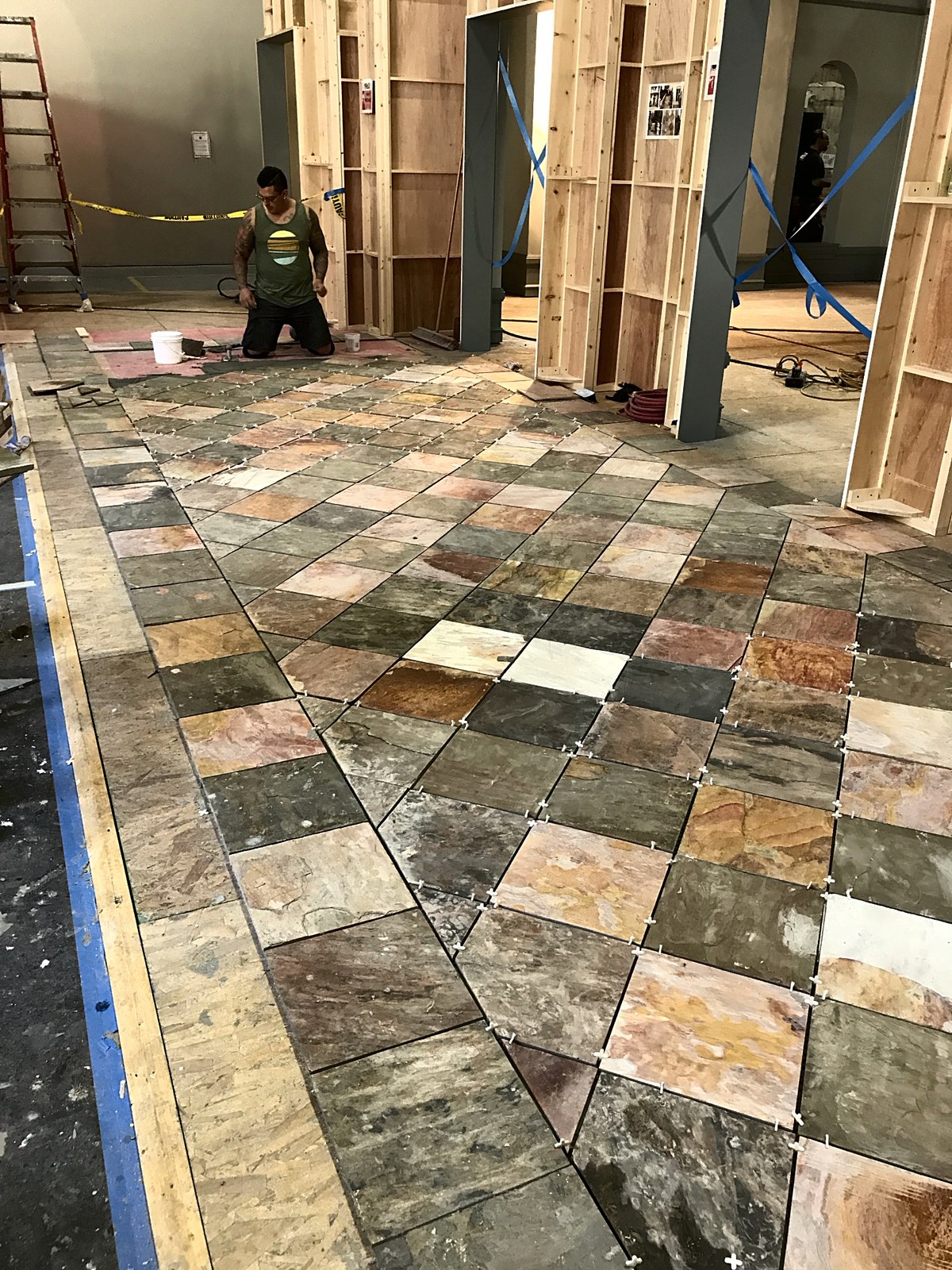 Slate tile floor laid on the diagonal